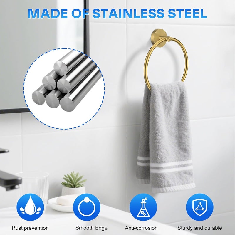 EZKEY Hand Towel Holder Screw-in Gold Towel Ring for Bathroom Wall Stainless Steel Towel Hanger Round Towel Racks for Bathroom Decor and Accessories, 2 Packs - Image 3